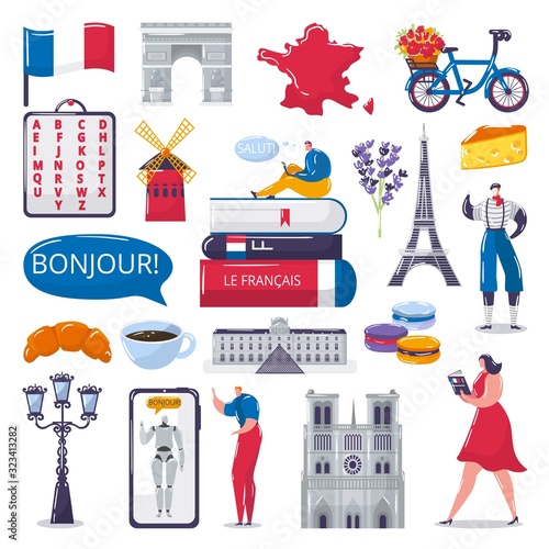 Learn French foreign language vector illustrations set for language school. Bubble with word bonjour, France symbols croissant, Eiffel Tower, french alphabet and map, dictionaries book and frenchman.