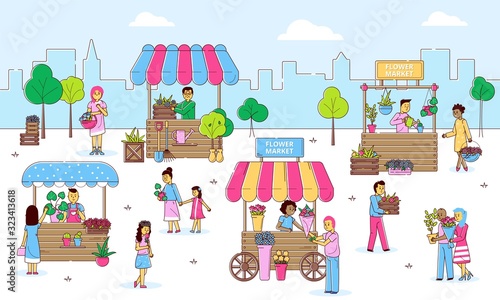 Flowers street market with people selling and shopping plants at florists, cartoon line vector illustration. Flower market with counters, man and woman carrying baskets and bouquets. photo