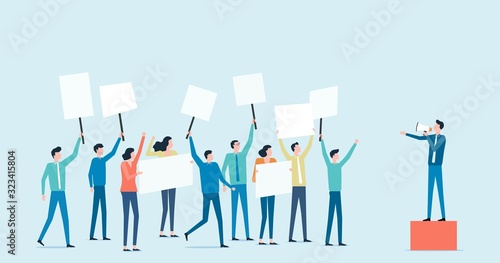 Flat vector political protest and politic vote with group people rally raising  a board  concept