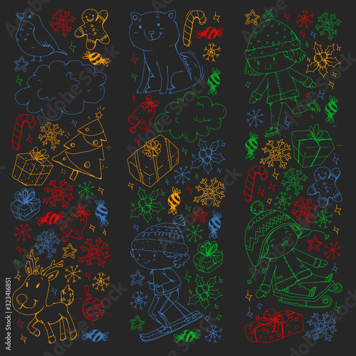 Christmas pattern with little children. Santa Claus and snowman. Ski, sledge, ice skating.