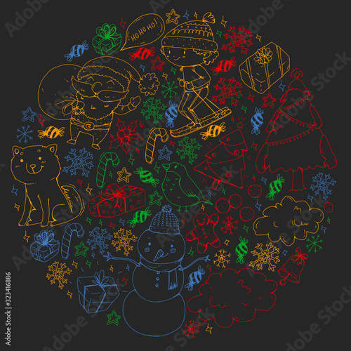 Christmas pattern with little children. Santa Claus and snowman. Ski, sledge, ice skating.