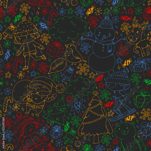 Christmas pattern with little children. Santa Claus and snowman. Ski, sledge, ice skating.