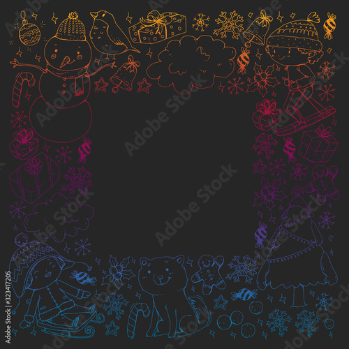 Christmas pattern with little children. Santa Claus and snowman. Ski, sledge, ice skating.