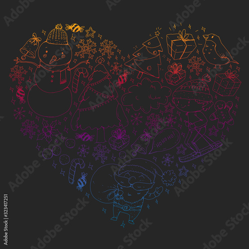 Christmas pattern with little children. Santa Claus and snowman. Ski, sledge, ice skating.