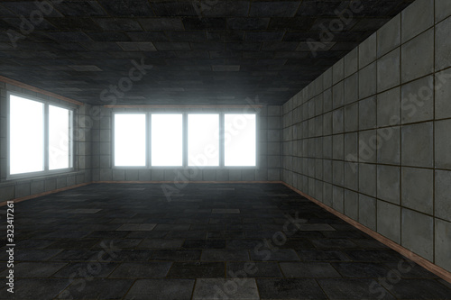 Empty brick house with dark background 3d rendering.