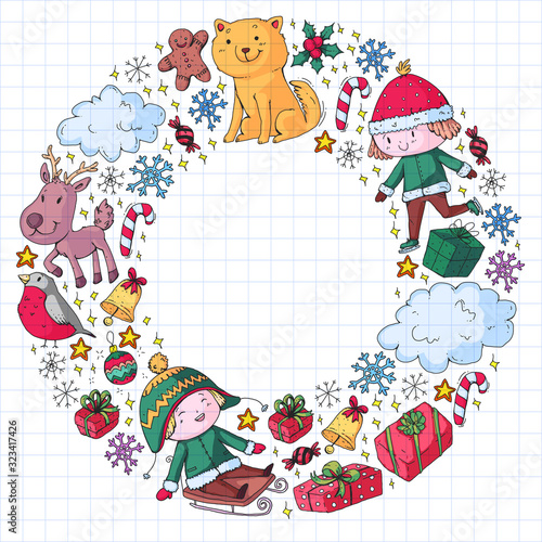 Christmas pattern with little children. Santa Claus and snowman. Ski, sledge, ice skating.