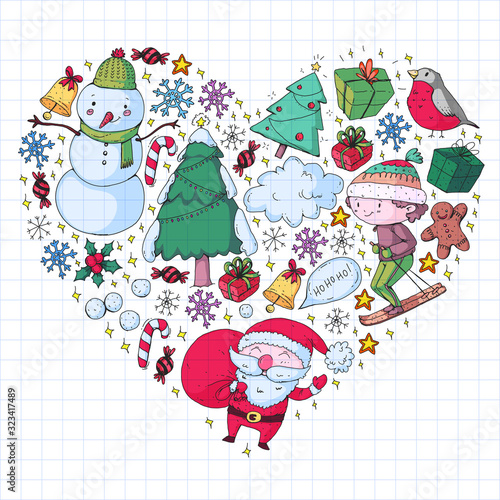 Christmas pattern with little children. Santa Claus and snowman. Ski, sledge, ice skating.