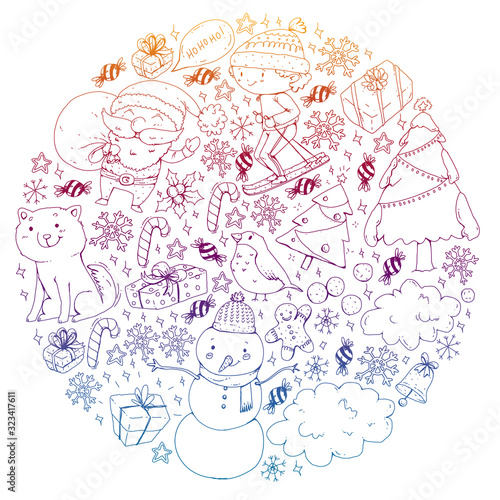 Christmas pattern with little children. Santa Claus and snowman. Ski, sledge, ice skating.