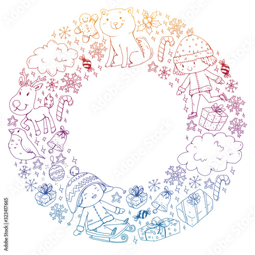 Christmas pattern with little children. Santa Claus and snowman. Ski, sledge, ice skating.