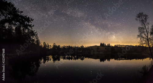The Milky Way reflected in a lake surrounded by a forest at night