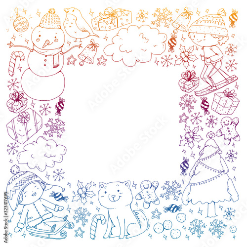 Christmas pattern with little children. Santa Claus and snowman. Ski, sledge, ice skating.