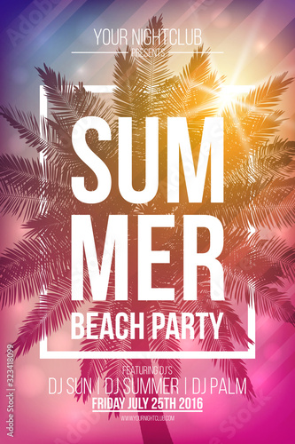 Summer beach party vector flyer template with palm and frame