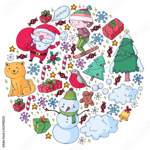 Christmas pattern with little children. Santa Claus and snowman. Ski, sledge, ice skating.