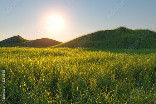Grass field and mountains with bright background,3d rendering.