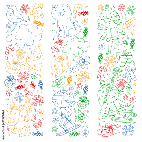 Christmas pattern with little children. Santa Claus and snowman. Ski, sledge, ice skating.