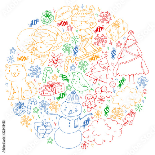 Christmas pattern with little children. Santa Claus and snowman. Ski, sledge, ice skating.
