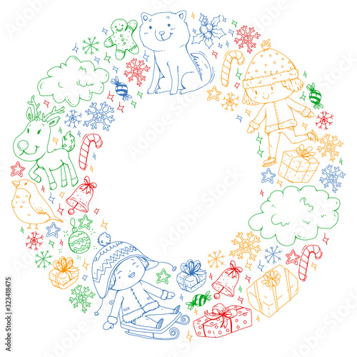 Christmas pattern with little children. Santa Claus and snowman. Ski, sledge, ice skating.