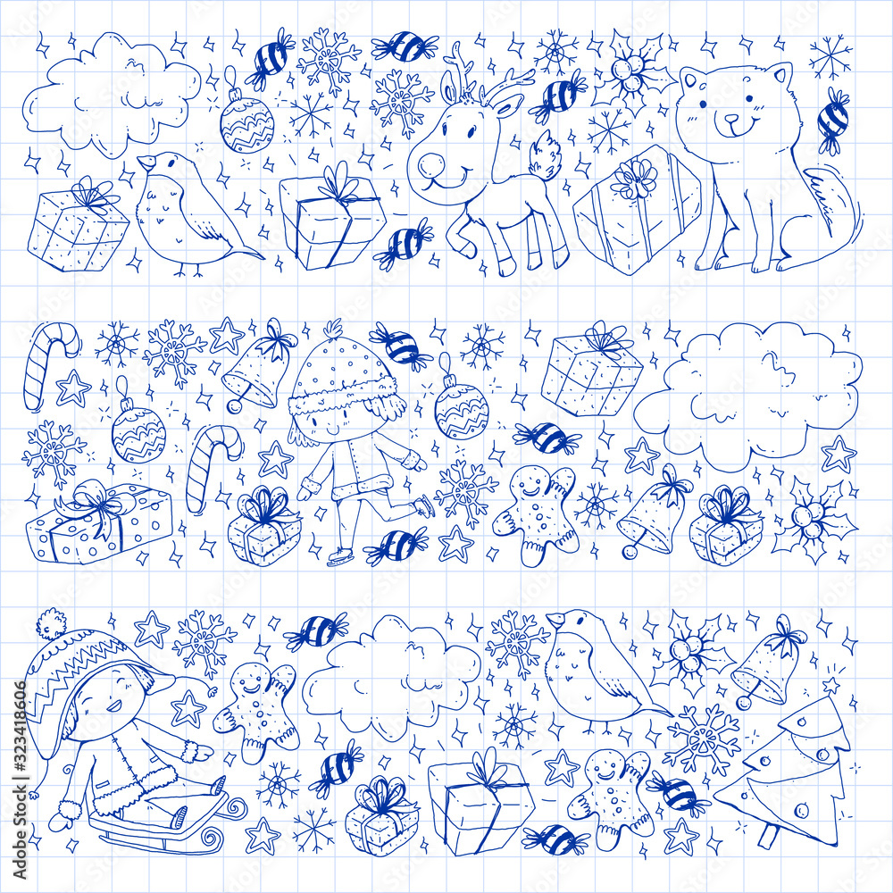 Obraz premium Christmas pattern with little children. Santa Claus and snowman. Ski, sledge, ice skating.