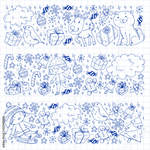 Christmas pattern with little children. Santa Claus and snowman. Ski, sledge, ice skating.