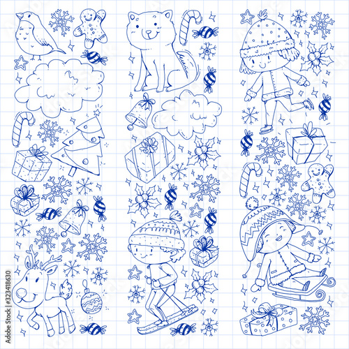 Christmas pattern with little children. Santa Claus and snowman. Ski, sledge, ice skating.