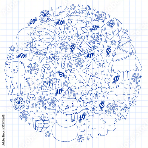 Christmas pattern with little children. Santa Claus and snowman. Ski, sledge, ice skating.