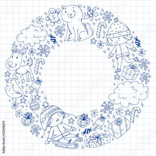 Christmas pattern with little children. Santa Claus and snowman. Ski, sledge, ice skating.