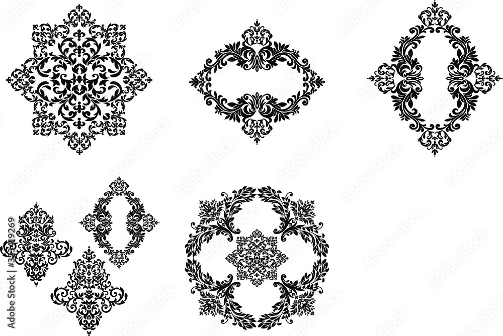 Oriental vector damask patterns for greeting cards and wedding invitations. Oriental vector damask patterns for greeting cards and wedding invitations.