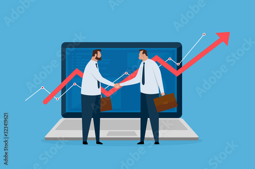 Two financial broker made deal. Laptop with growth charts. Stock market exchange concept. Vector illustration.