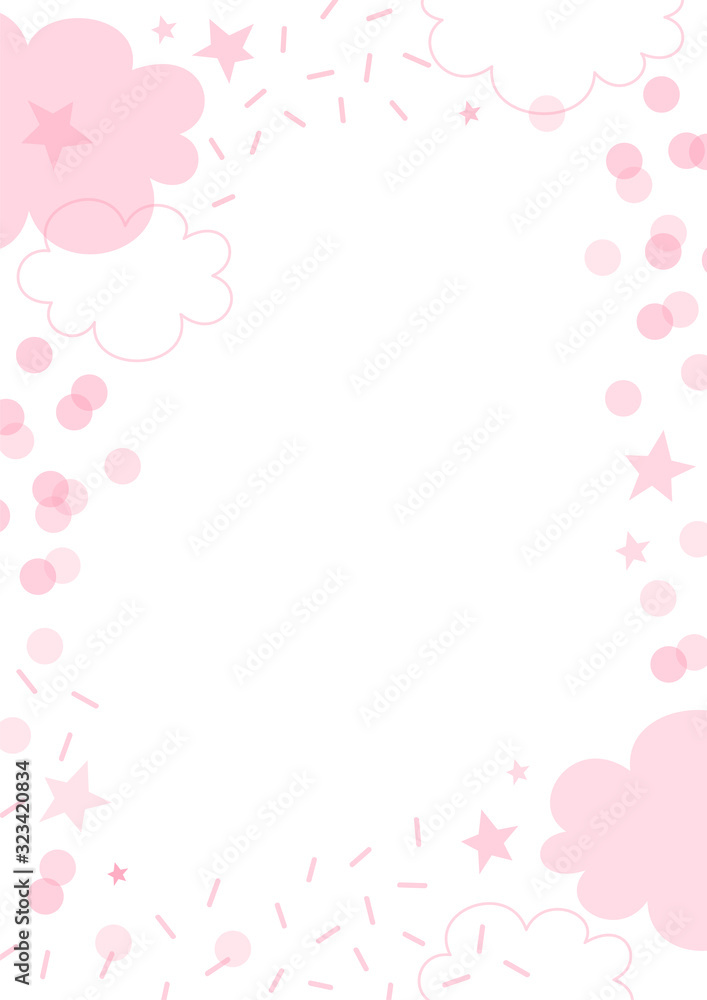 Pink linear flat transparent overlaying cloud shape with dash round confetti star vector vertical frame illustration isolated on white background. Festal baby girl birthday party abstract backdrop