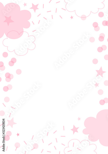 Pink linear flat transparent overlaying cloud shape with dash round confetti star vector vertical frame illustration isolated on white background. Festal baby girl birthday party abstract backdrop