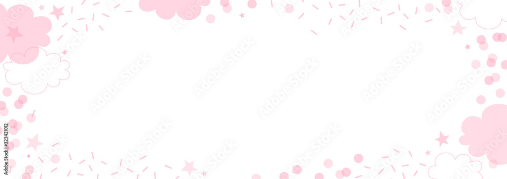 Pink linear and flat transparent overlaying cloud shape with dash round confetti star vector horizontal banner background. Festal baby girl birthday party abstract backdrop. Pastel dream rose girlish Pink linear and flat transparent overlaying cloud shape with dash round confetti star vector horizontal banner background. Festal baby girl birthday party abstract backdrop. Pastel dream rose girlish