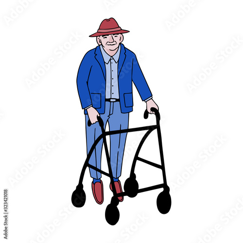 Vector colorful illustration of old man walking with rollator isolated on white background