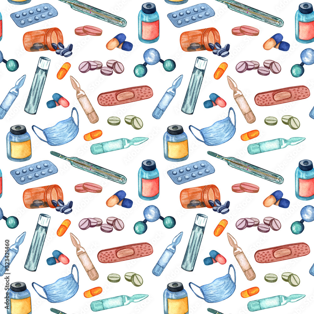 Medical seamless pattern with thermometer, injection, pills, vaccine. Watercolor hand drawn pattern with medical supplies. Health care background