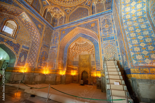 The interior of the mosque in the Tilla-Kari Madrasah on the Registan square  Samarkand  Uzbekistan