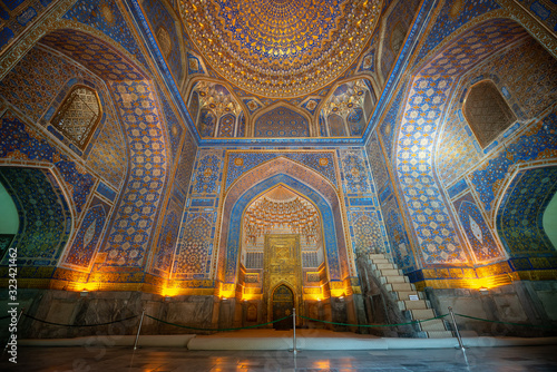 The interior of the mosque in the Tilla-Kari Madrasah on the Registan square, Samarkand, Uzbekistan