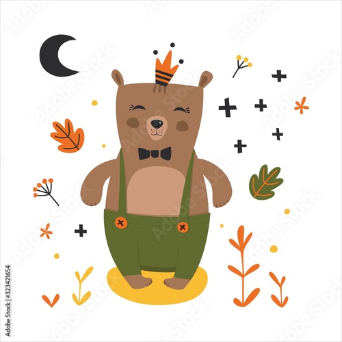 Hipster Prince Bear with a crown in the flat style. Children/babies textile, card, wrapping, background. Flat style. Cartoons for kids.