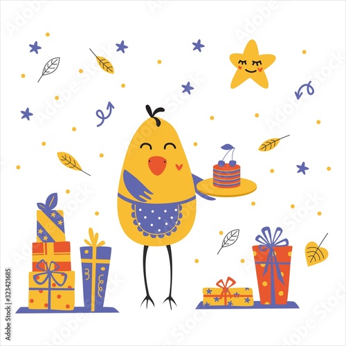 A chick with gifts and cake. Children/babies textile, card, wrapping, background. Flat style. Cartoons for kids.
