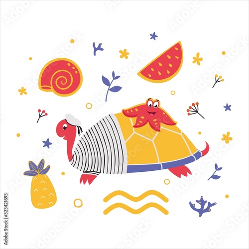 Set of the sea objects. Sea turtle with starfish in the flat style. Children/babies textile, card, wrapping, background. Flat style. Cartoons for kids.