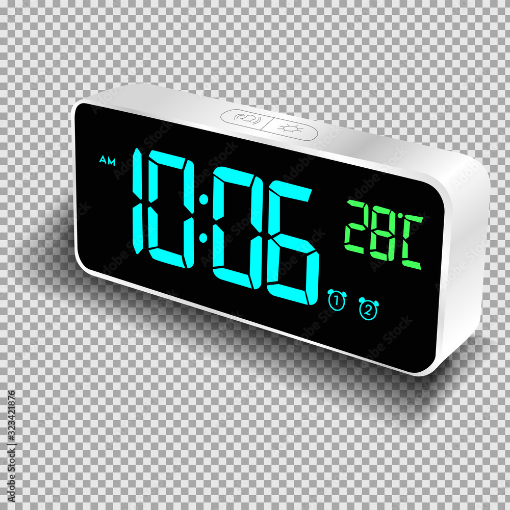 Electronic clock, alarm clock with luminous numbers. Isolated vector object on a transparent background. Electronic clock, alarm clock with luminous numbers. Isolated vector object on a transparent background.