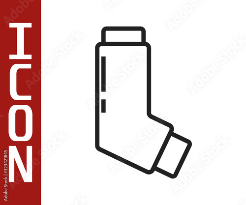 Black line Inhaler icon isolated on white background. Breather for cough relief, inhalation, allergic patient. Medical allergy asthma inhaler spray. Vector Illustration