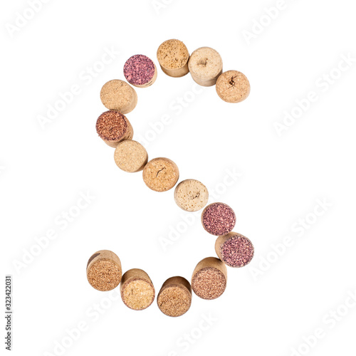 The letter "S" is made of wine corks. Isolated on white background