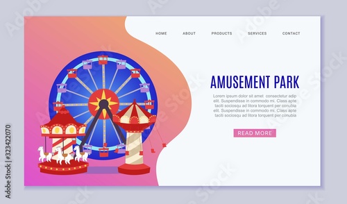 Amusement park web vector template illustration. Flat conceptual city banners with carousels. Slides and swings, ferris wheel attraction and air baloon cartoon amusement park website or landing.