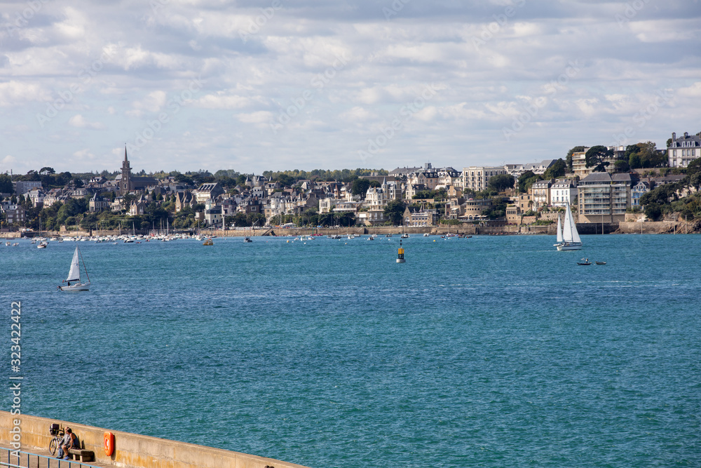 View from the ramparts at marina and  the town of Dinard. Saint Malo, Brittany, France