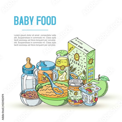 Doodle baby food vector illustration. Newborn and baby food including drinks, porridges, puree and desserts, milk bottle, puree and juice healthy nutrition isolated on white background for poster.