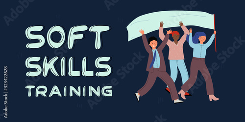 Soft skills concept. Running leader and comand with flag. Lettering Soft skills training. Colored flat vector illustration. photo