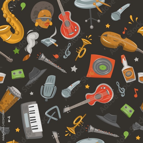 Jazz band and musical instruments vector seamless pattern illustration with saxophone, trumpet, guitar, piano and violin on black background. photo