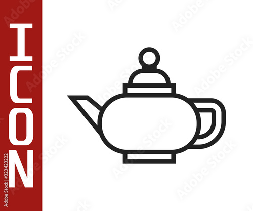 Black line Traditional Chinese tea ceremony icon isolated on white background. Teapot with cup. Vector Illustration