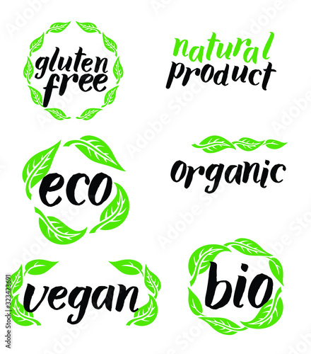 green icons, logotypes for vegan, vegetarian, plant based products