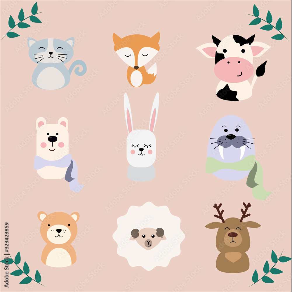 Postcard. Cute animals on a delicate background. Ideal for cards, stickers, posters for the holidays. Vector illustration