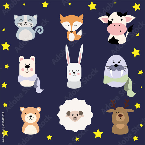 Fototapeta Naklejka Na Ścianę i Meble -  Postcard. Cute animals on a delicate background. Ideal for cards, stickers, posters for the holidays. Vector illustration